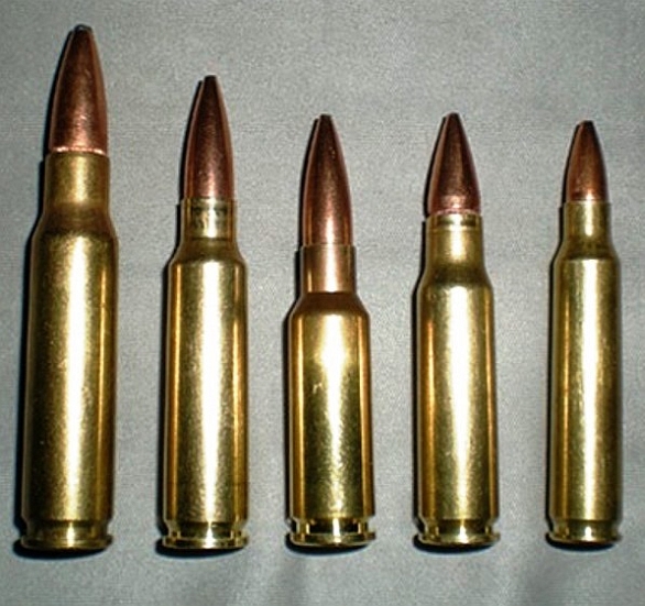 7.62x51mm NATO, 6.5x43mm intermediate calibre prototype, 6.5x39mm Grendel, 6.8x43mm Remington SPC, and 5.56x45mm NATO